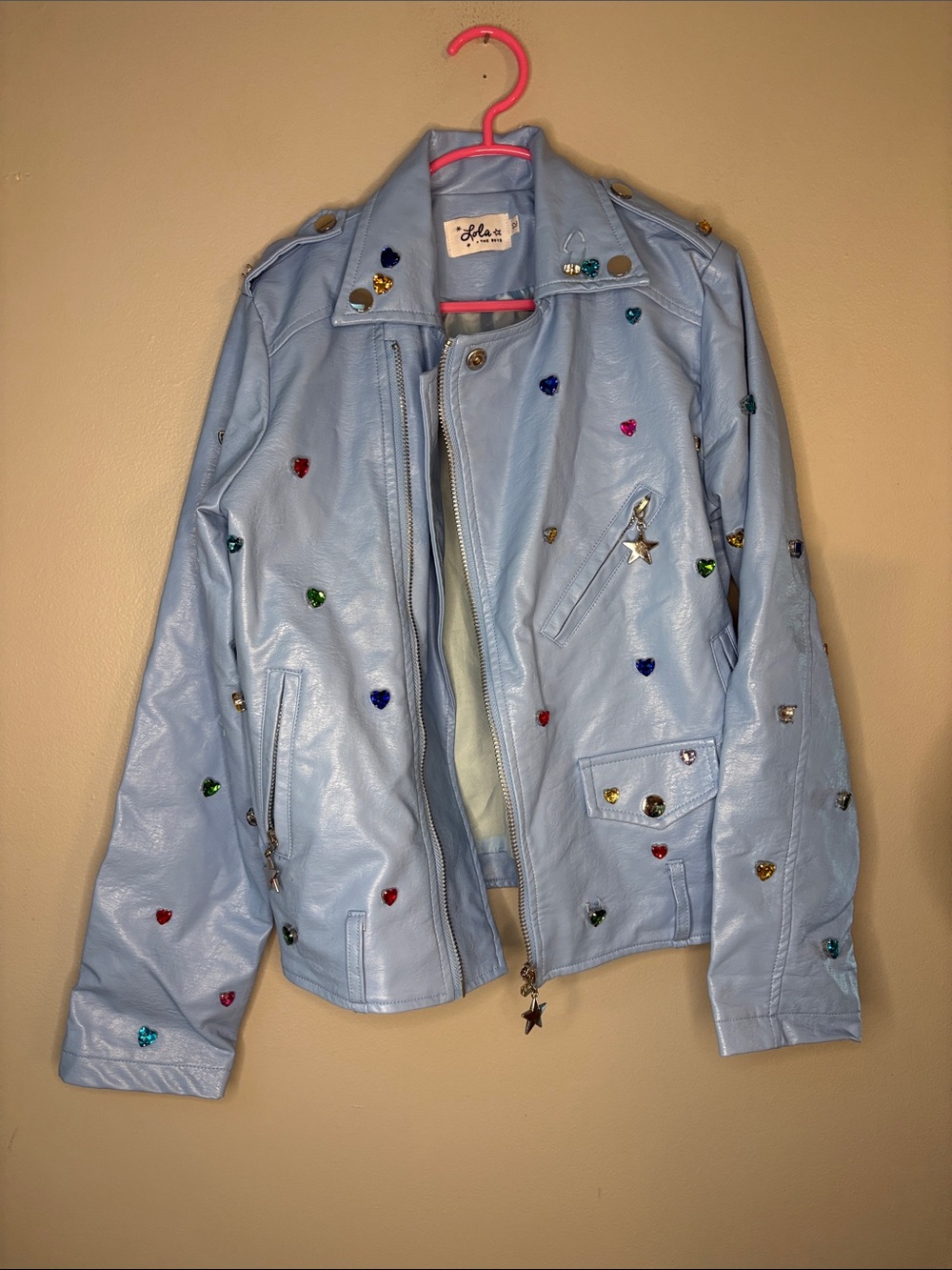 Lola + The Boys Light Blue Studded Heart Motorcycle Jacket